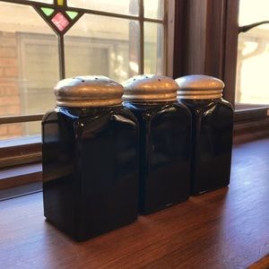 Rare Antique XL Black Glass Shakers: Flour, Sugar, Pepper